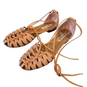 Steve Madden Leather Lace Up Ballet Flats Women's Size 10 Tan  Minimalist Boho